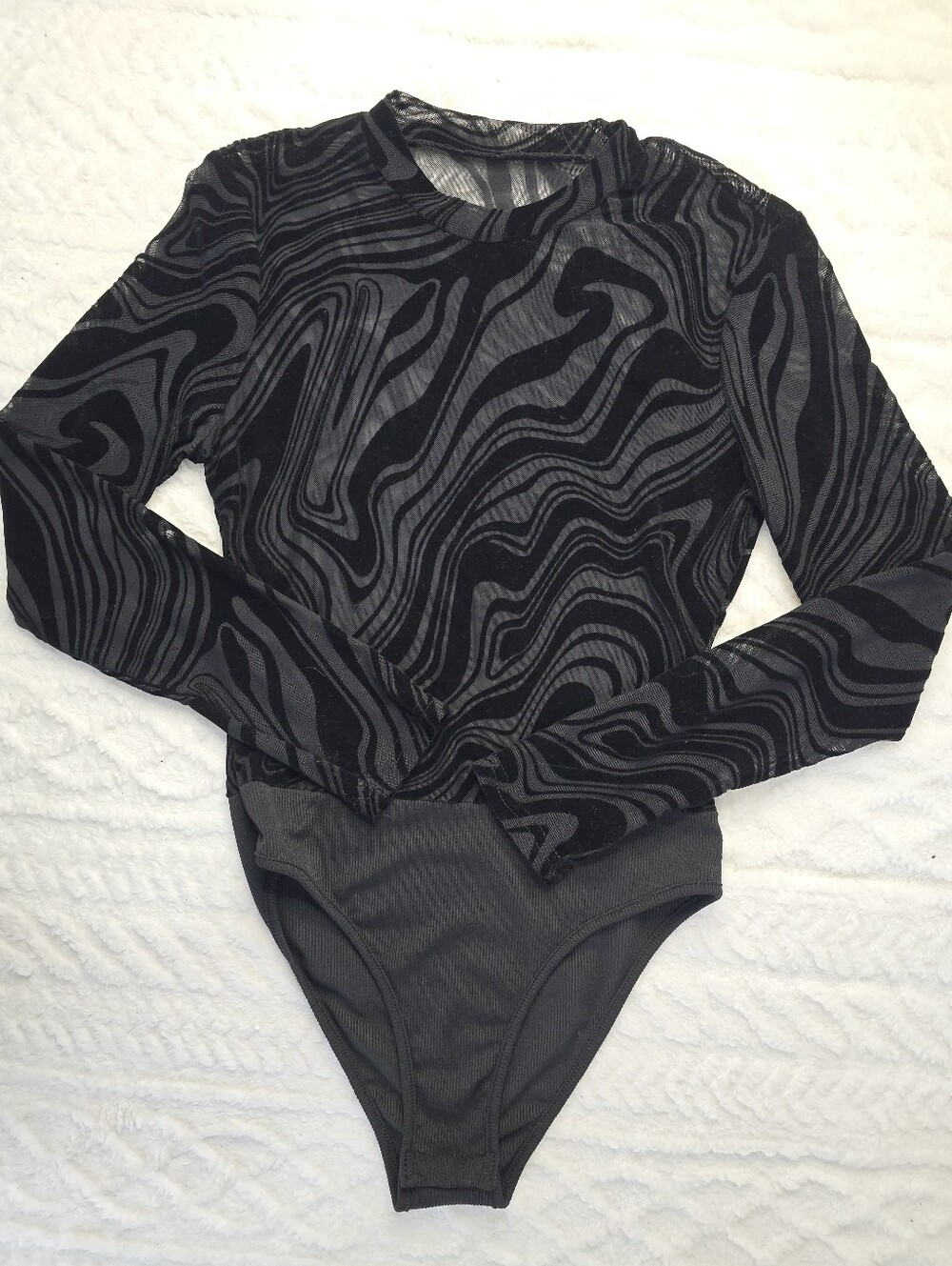 Shein Velvet Burnout Bodysuit Black Swirl Semi Sheer Long Sleeve Y2k Goth S